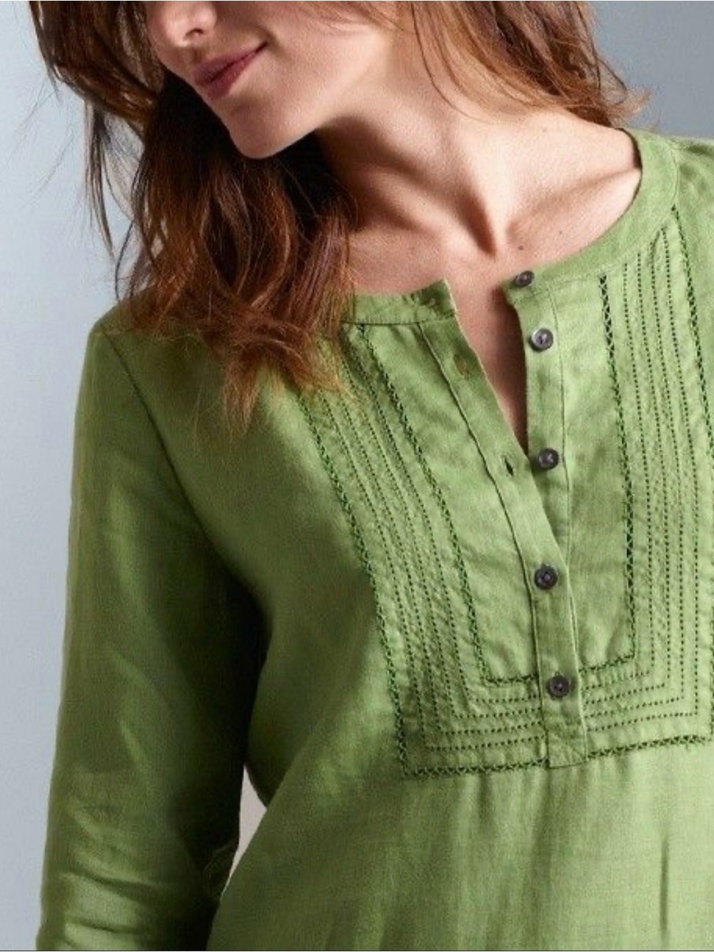 JJill Tunic Dress Women Medium Petite Pintuck Embroidered Green 100% Linen Boho
